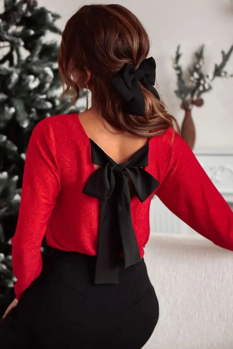 Racing Red Metallic Bowknot Open Back V Neck Top - Love Salve